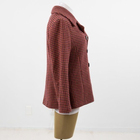 Vintage 10 Wool Houndstooth Tweed Pea Coat Coral - Picture 6 of 10